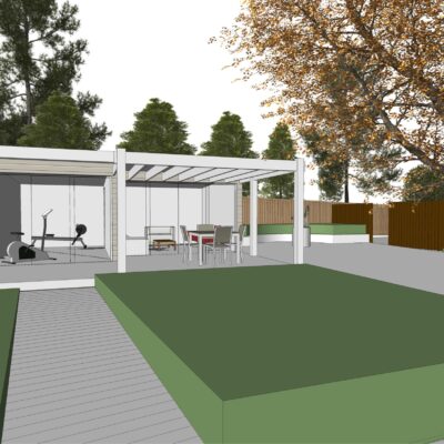Garden office and gym 3D view garden design Kent Sussex